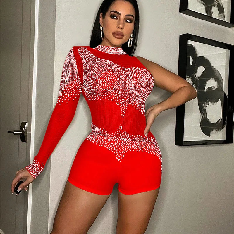 Sparkly Rhinestones Mesh Rompers Womens Jumpsuit Shorts Sexy Birthday Club Outfits One Sleeve Sheer Bodycon Playsuit Woman 2022