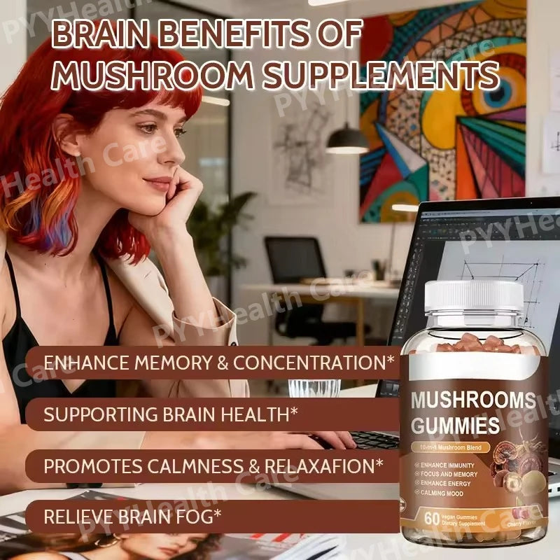 Mushroom Gummies Brain Boosting and Immune Support Agents Lion's Mane Mushrooms Ganoderma Lucidum Intellectual and Relaxing