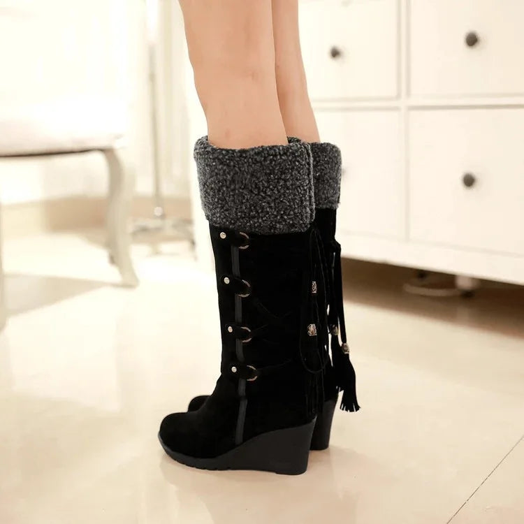 Women's High Boots 2022 Winter Fashion Lace-up Tassel Long Boots Women Platform Wedge Snow Boots Warm Cotton Boots Botas Mujer