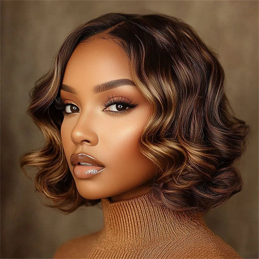 Ombre Highlight Body Wave Bob Wig 100% Human Hair 12 Inch Short Bob Wig Loose Wave 13x4 4/27 Color Lace Frontal Bob Wig Human Hair 210% Density Pre Plucked Ombre Blonde Colored Short Wigs For Women