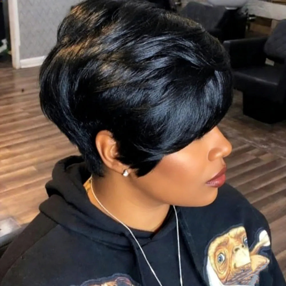 pixie wig black color for women  short human hair wig daily party use wig pixie cut wig straight machine made
