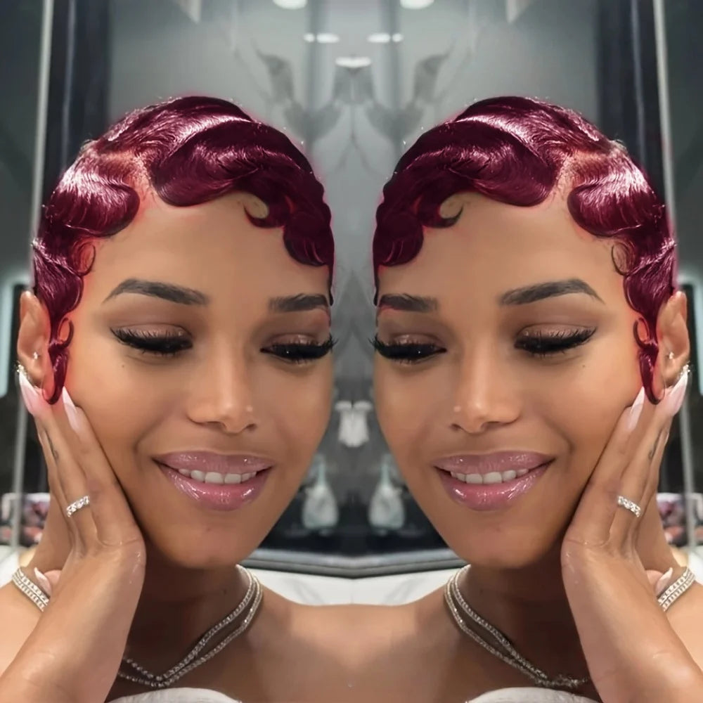 Finger Wave Brazilian Remy Human Hair 13x4 Lace Front Wig 180% Density Pixie Cut for Natural Look  Black 99j wig