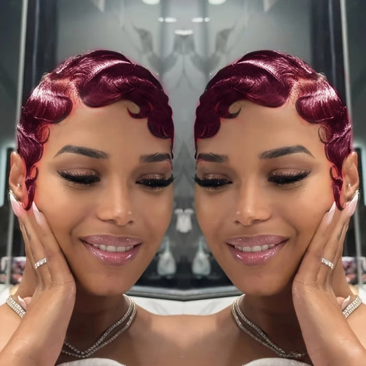 Finger Wave Brazilian Remy Human Hair 13x4 Lace Front Wig 180% Density Pixie Cut for Natural Look  Black 99j wig