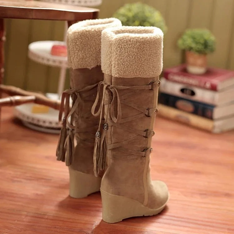 Women's High Boots 2022 Winter Fashion Lace-up Tassel Long Boots Women Platform Wedge Snow Boots Warm Cotton Boots Botas Mujer