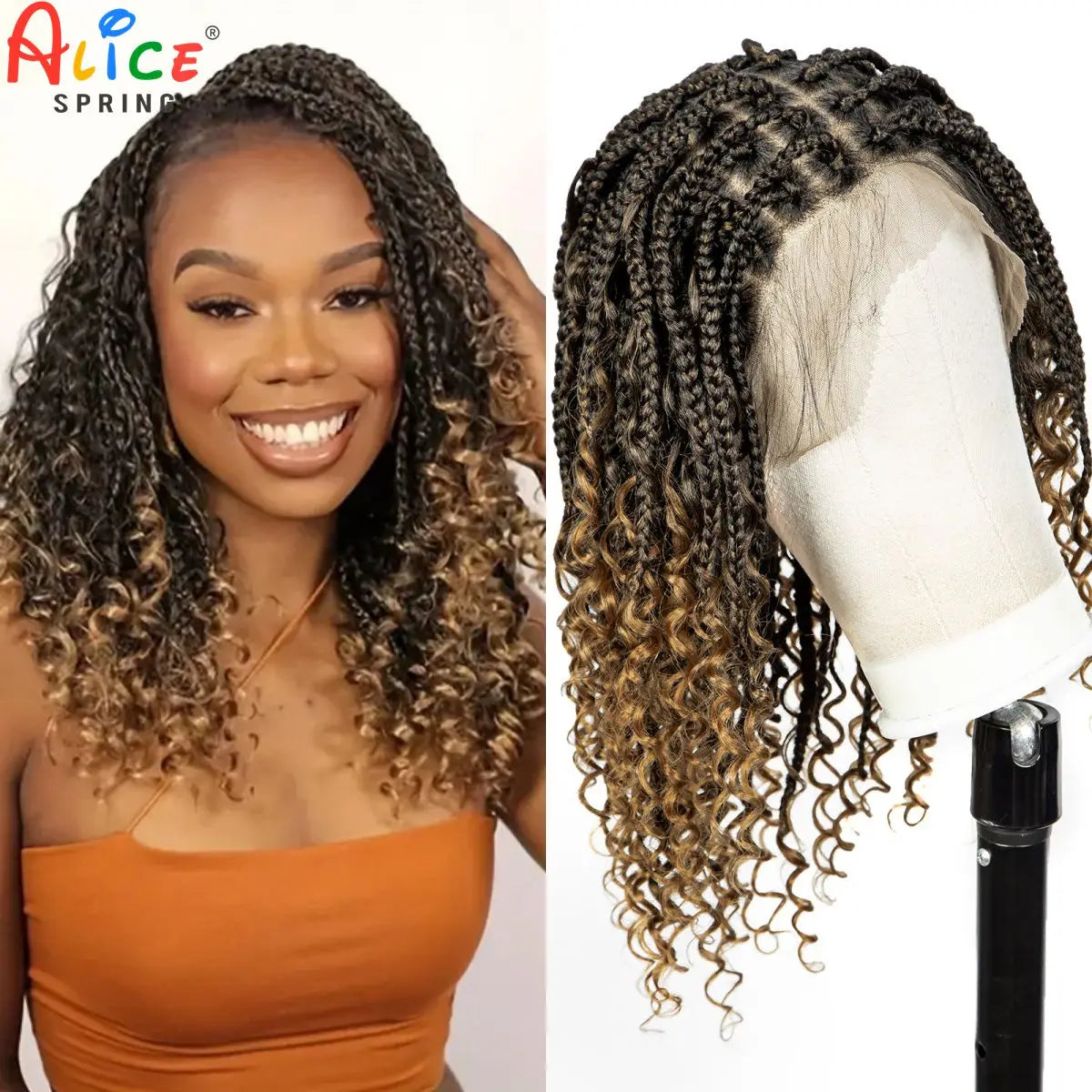 Knotless Box Boho Braided Wigs with Curly Ends Synthetic Full Lace Braided Lace Wigs Short Braided Bob Wig for Black Women