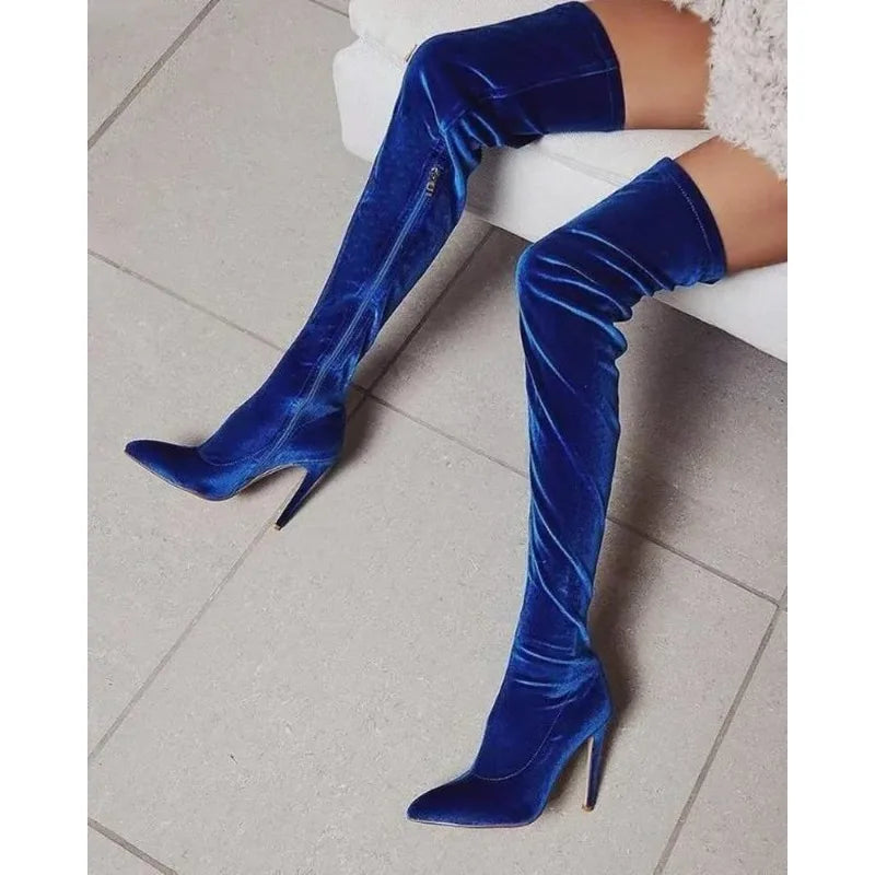 Women's Boots Green Color Over The Knee Boots Fashion Personality Stiletto Elastic Side Zipper Long Boots Large Size 34-43
