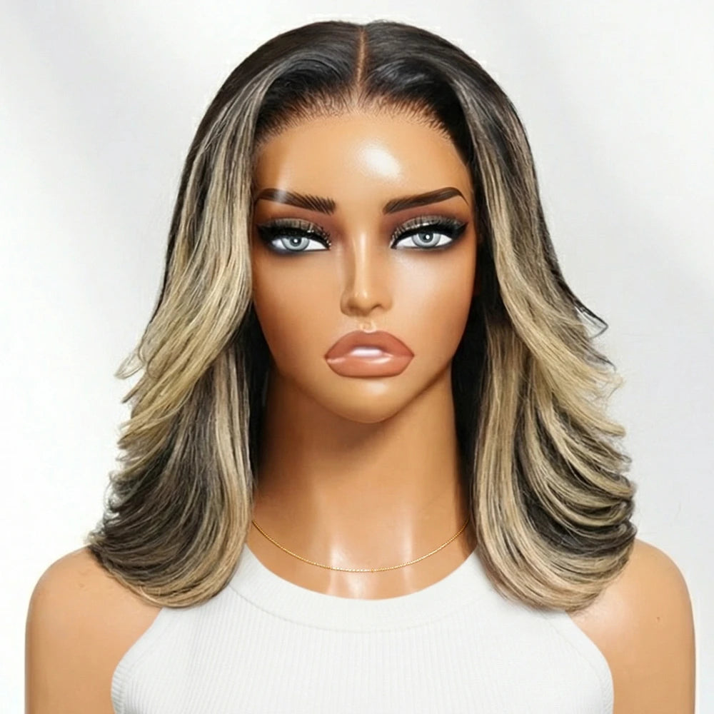 UNice No-Slip 7x5 Lace Black With Blonde Highlights Wavy Bob Human Hair Wig With Face-Framing Layers & Invisi Drawstring Glueless Wig Ready to Wear 150% Density