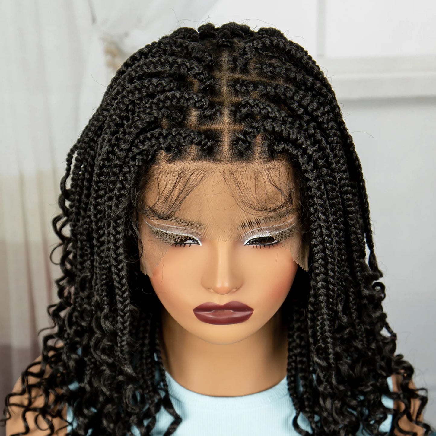 Knotless Box Boho Braided Wigs with Curly Ends Synthetic Full Lace Braided Lace Wigs Short Braided Bob Wig for Black Women
