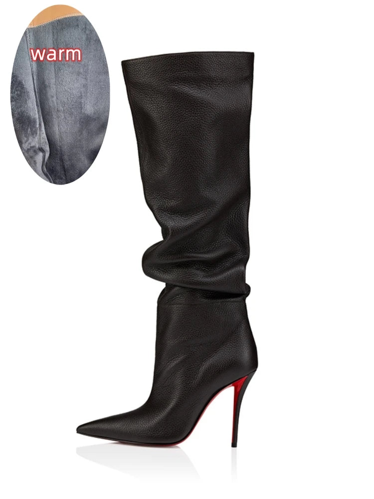 Ladies Ruched Knee‑High Leather Boots Pointed Toe Thin Stiletto Heel Long Booties Chic Dress Shoes for Club & Urban Occasions