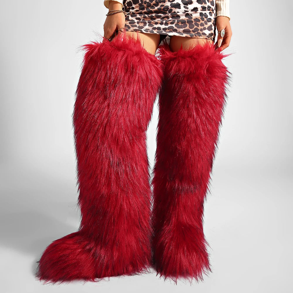Women's Cozy Faux Fur over the Knee Boots Thigh High Fluffy Y2K Furry Fuzzy Warm Outdoor Comfortable Girls Boot