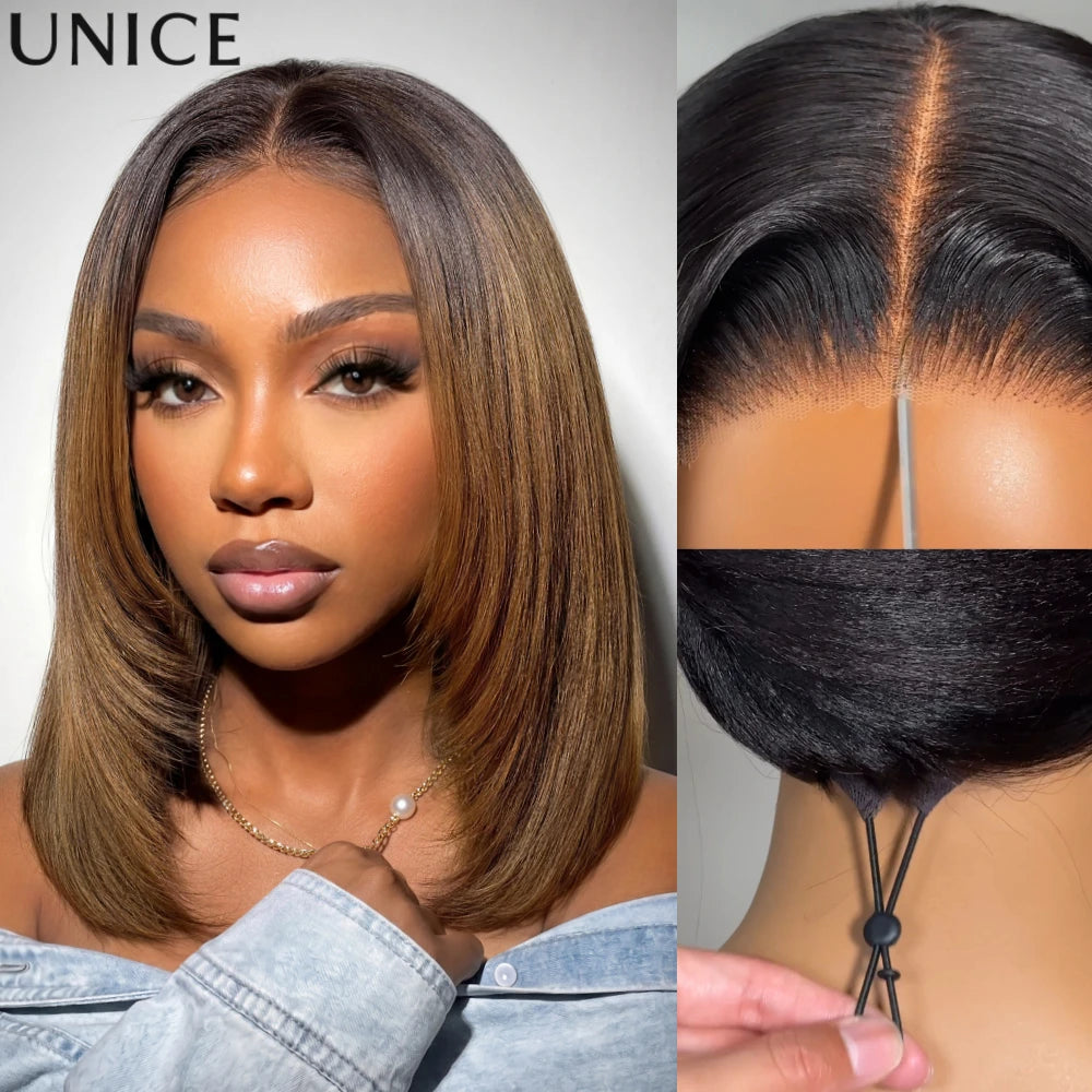UNice Hair 7x5 & 13x4 Lace Chestnut Brown Ombre Yaki Straight Bob Wig With Drawstring Pre Cut Pre Bleached Glueless Wig Human Hair Ready To Wear