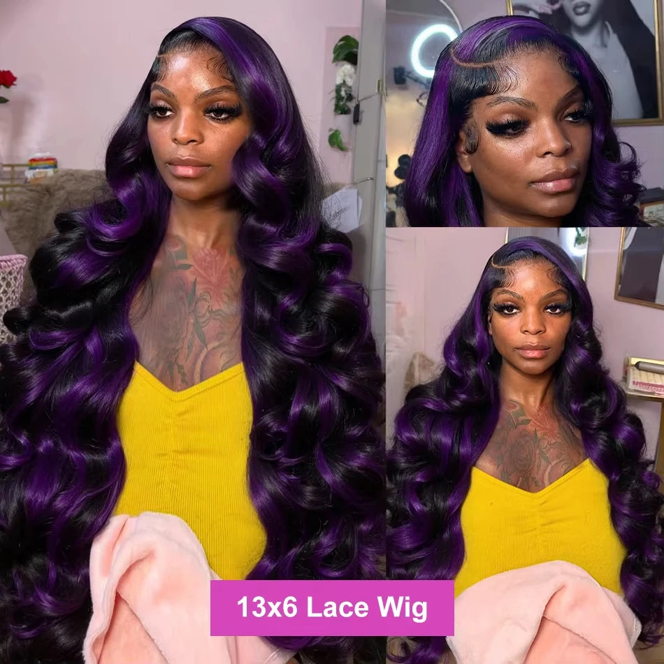 Lafino Ombre Purple Black Body Wave 13x6 13x4 HD Transparent Lace Front Human Hair Wigs Purple Colored Human Hair Wigs For Women