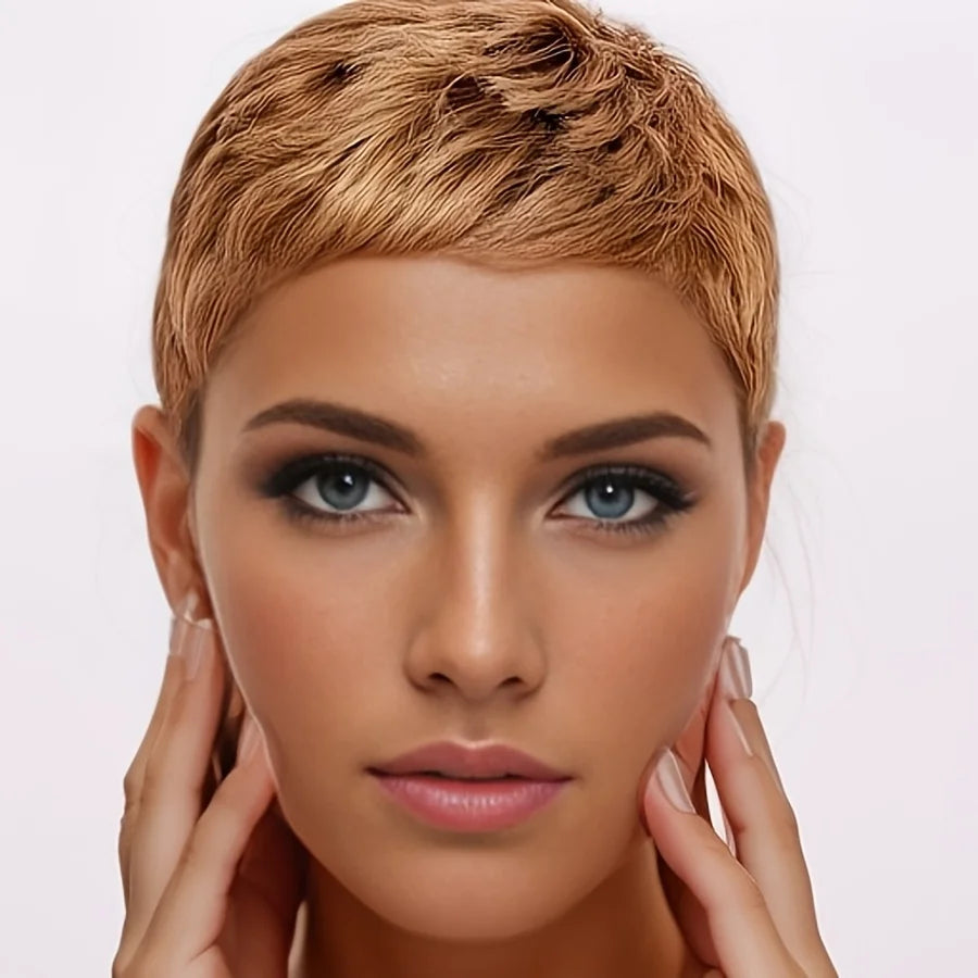Chic Elegant 27#/30# Color Pixie Cut Curly Wave Human Hair Wig for Women Full Machine Made Wig for Daily Wear and Party 150% Density 4Inch