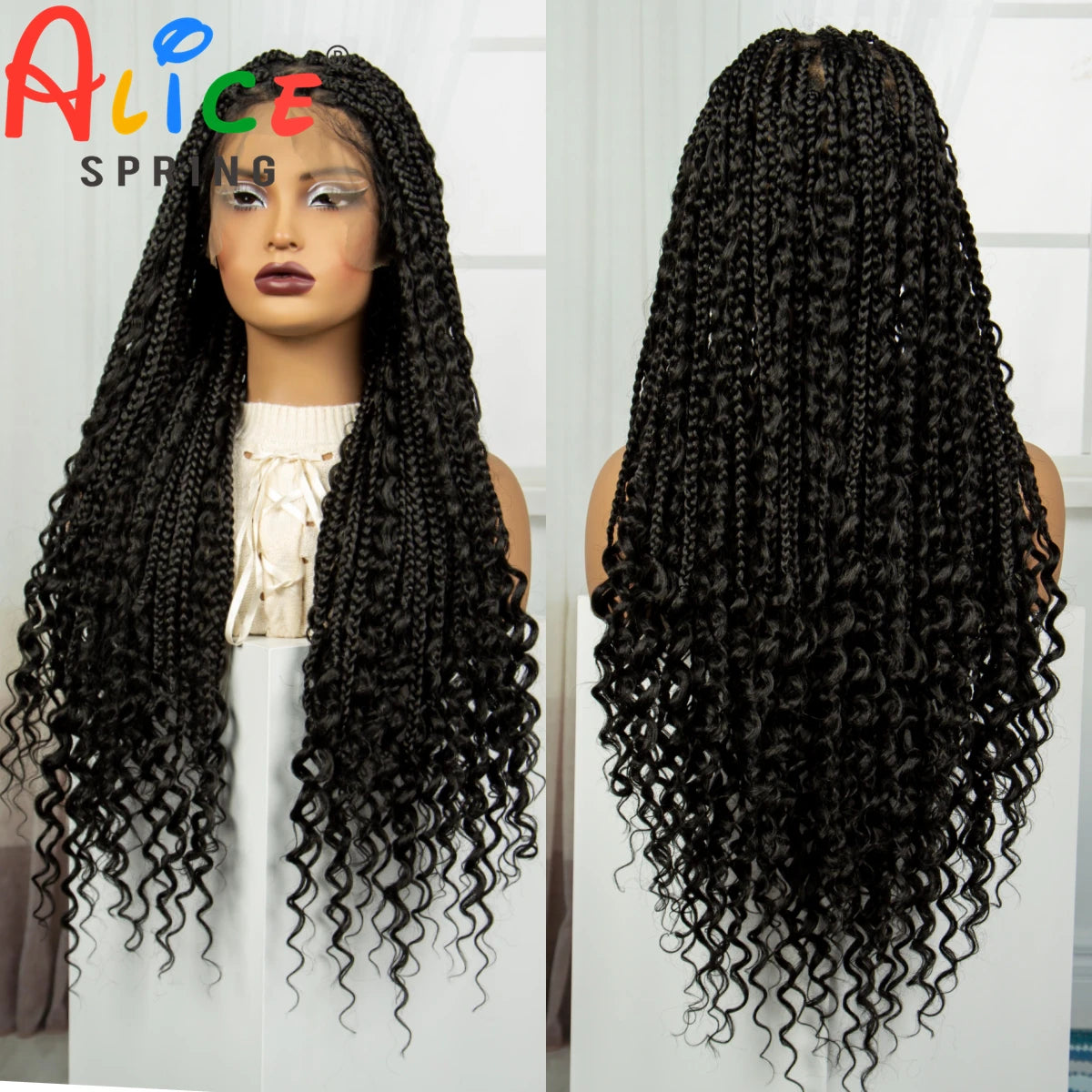 32 inch Synthetic Braided Wigs Natural Curly Boho Braideds Wigs Full Lace Knotless Box Braids Wig with Baby Hair for Black Women