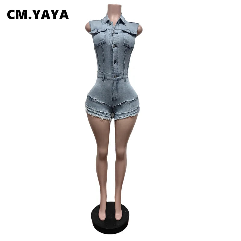 CM.YAYA Women V-neck Short Sleeve Denim tassel Short Jumpsuit Playsuits 2025 Summer Street Party Jeans Romper One Piece Outfits