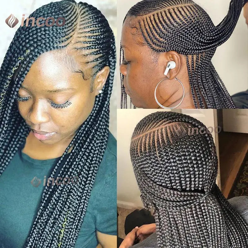 36" Cornrow Braided Wigs Synthetic Handmade Side Part Braided Wig Full Lace Frontal Braiding Wig Goddess Knotless Box Braids Wig