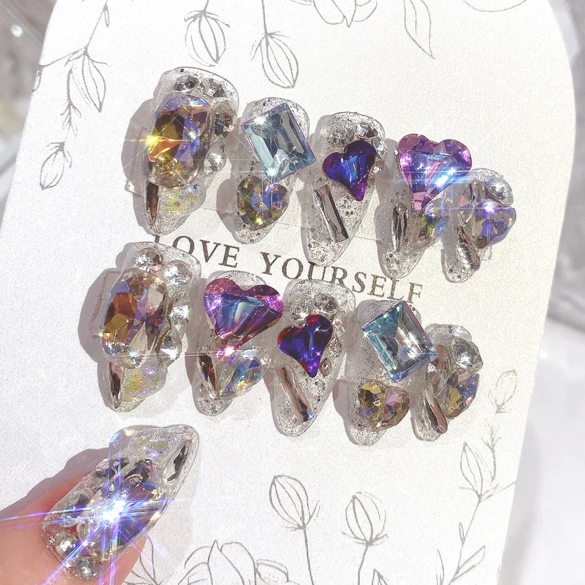 Glitter Fairy Rhinestone False nail Tips for Bride lady Wearable Sweet Crystal Design Press on Nails Mid Length Fake Nail Patch