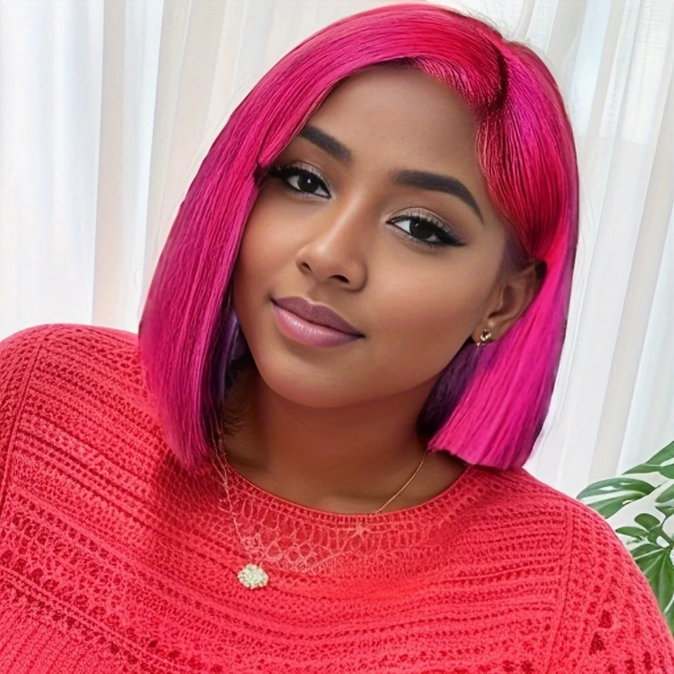 Hot Pink Color Short Straight Bob Wig 180% Density 13x4 Lace Front Human Hair Wig Perfect For Creating A Natural Look