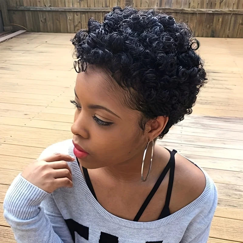 pixie cut natural black color 6inch daily party christmas use remy wig machine made wig 150% density short curly human hair wigs