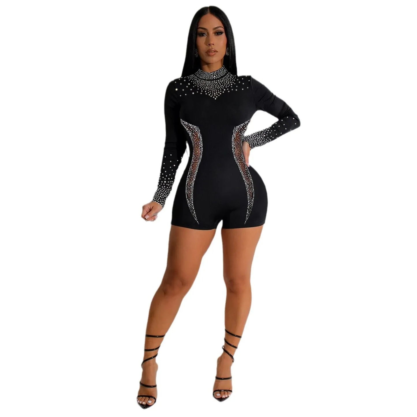 CM.YAYA Women Diamonds Mesh Patchwork Long Sleeve Playsuits Short Jumpsuits 2025 Spring Sexy Party Club One Piece Outfit Rompers