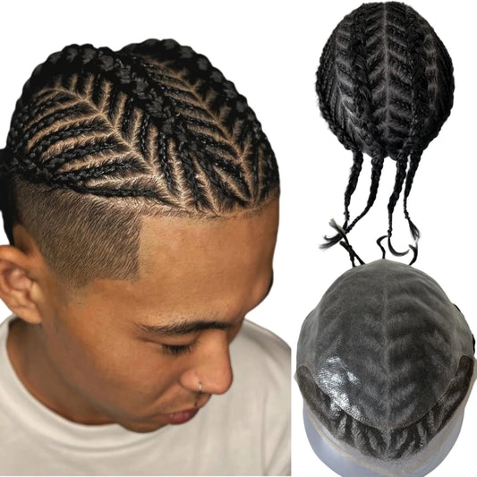Brazilian Virgin Human Hair Pieces #1 Black Color Fishbone Cornrow Braids BIO Toupee 8x10 Front Lace with PU Units for Black Man