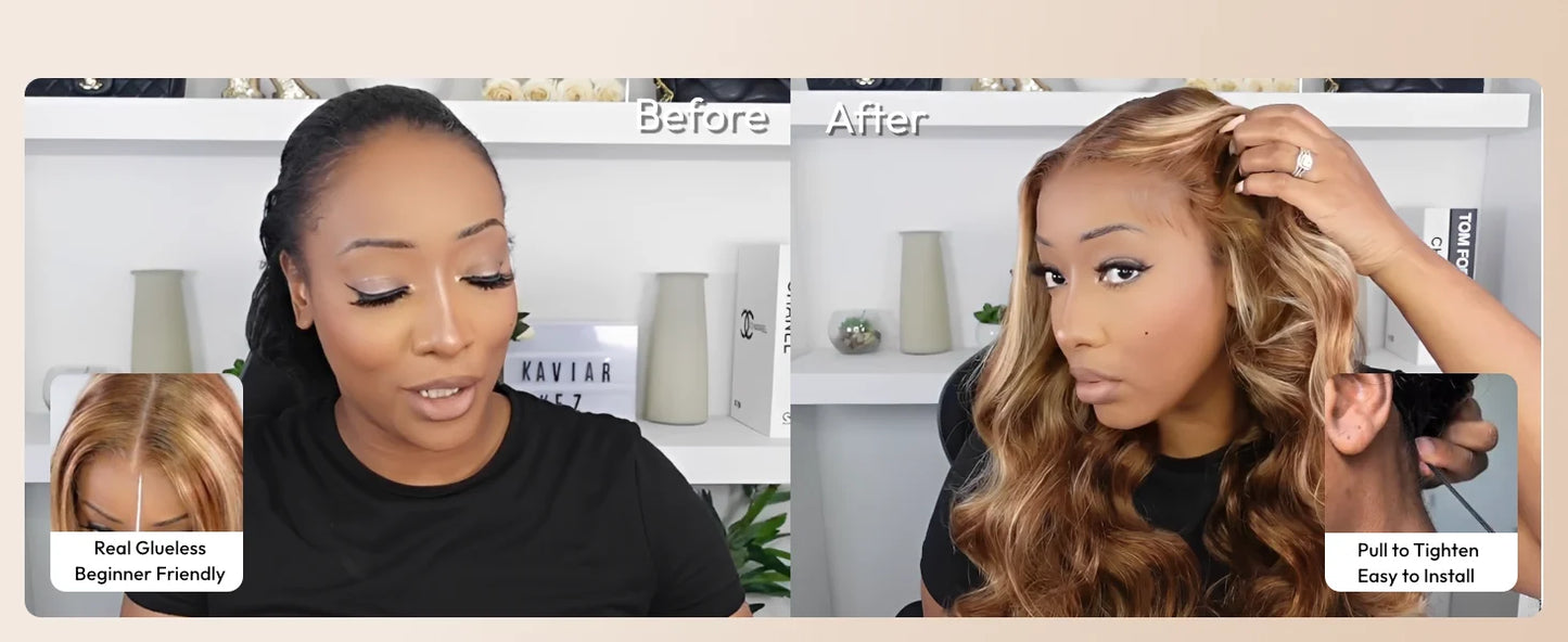 UNice Honey Blonde Highlights Body Wave Human Hair Wig With Drawstring 7x5 Lace Pre Cut Pre Bleached Glueless Wig 150% Density