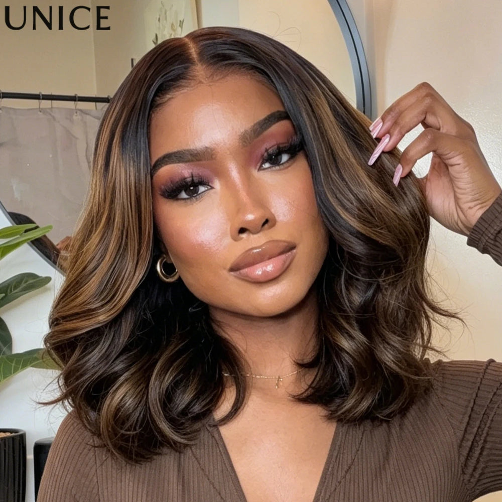 UNice 7x5 Bye Bye Slip™ Lace Balayage Highlight Wavy Bob Wig With Drawstring Put On & Go Glueless Human Hair Wig Ready To Wear