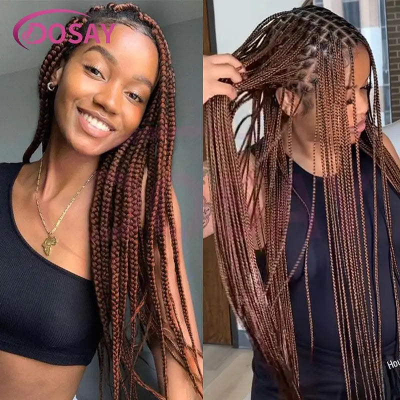 36Inch Burgundy Synthetic Long Box Braided Wig Full Lace Straight Knotless Cornrow Braid with Baby Hair for Women