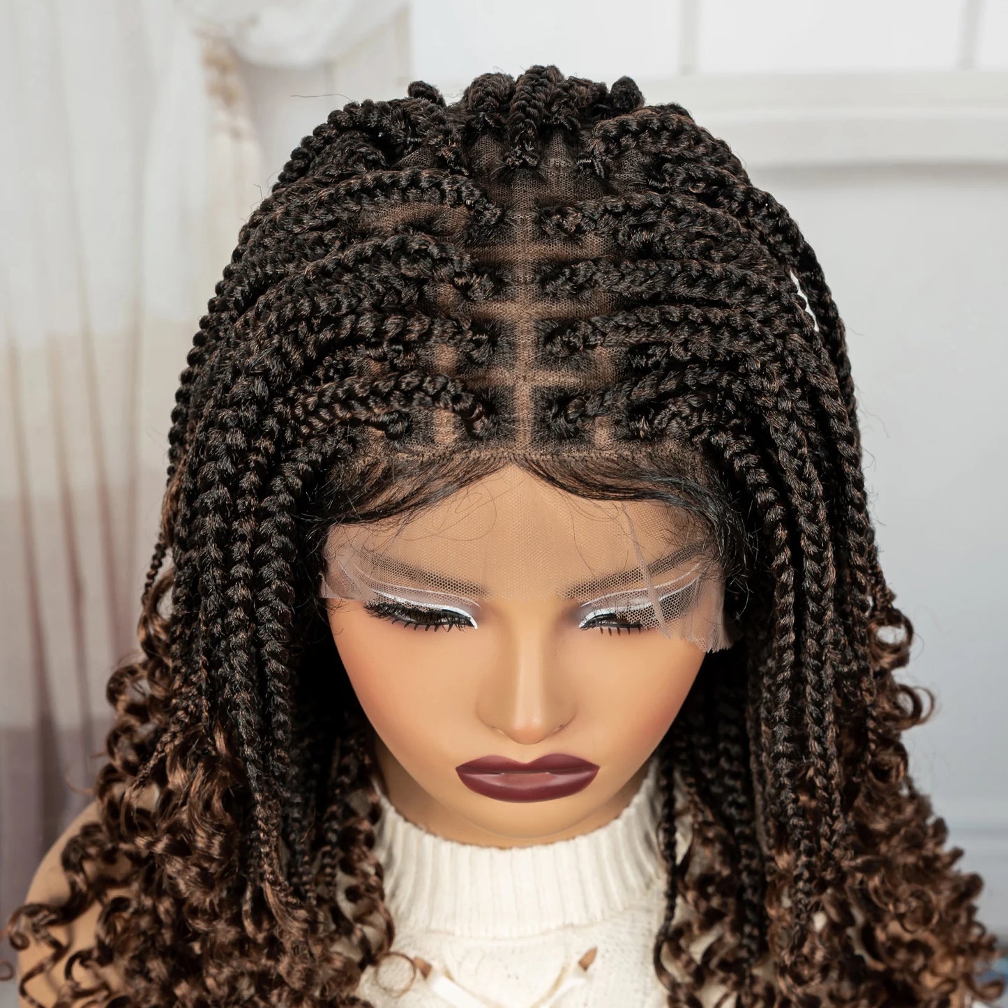 Knotless Box Boho Braided Wigs with Curly Ends Synthetic Full Lace Braided Lace Wigs Short Braided Bob Wig for Black Women