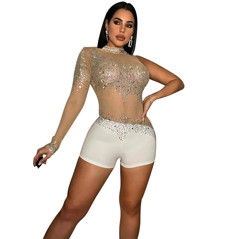 Sparkly Rhinestones Mesh Rompers Womens Jumpsuit Shorts Sexy Birthday Club Outfits One Sleeve Sheer Bodycon Playsuit Woman 2022