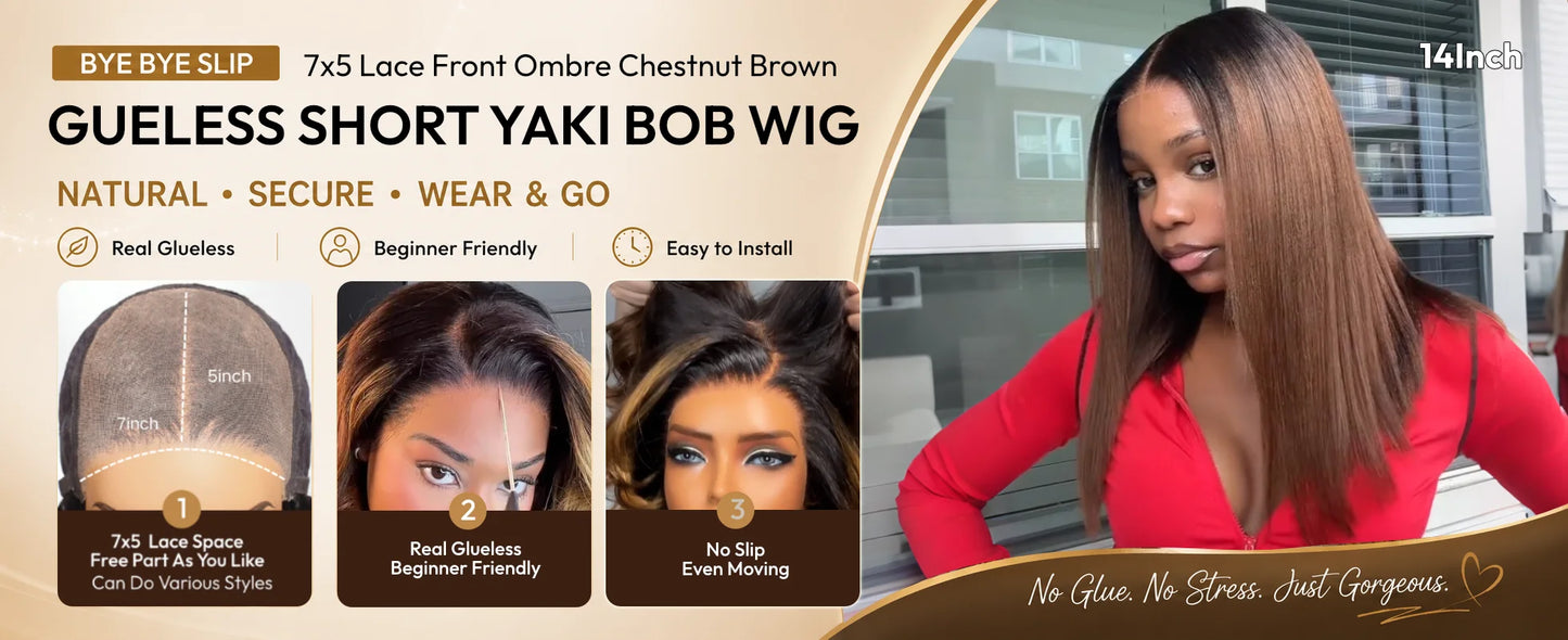 UNice Hair 7x5 & 13x4 Lace Chestnut Brown Ombre Yaki Straight Bob Wig With Drawstring Pre Cut Pre Bleached Glueless Wig Human Hair Ready To Wear