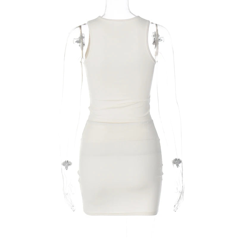 Hugcitar Fashion 2 Pcs Sets Solid O Neck Cut Out Sexy Crop Tank Top Skirt 2025 Spring Summer Women Y2K Clothes Party Vacation