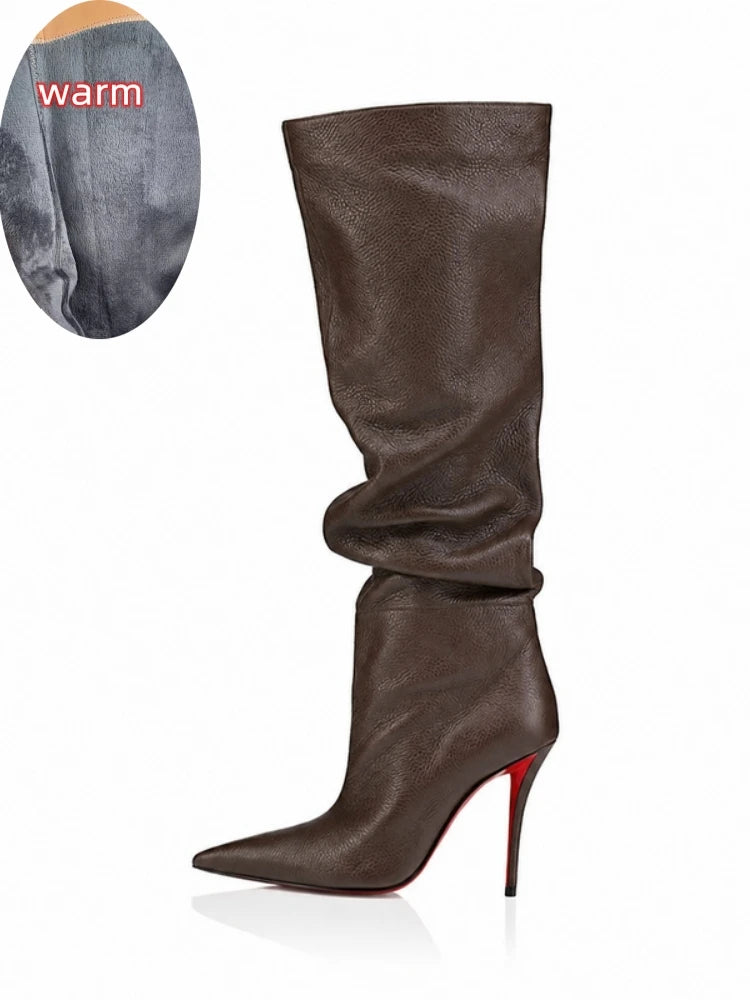 Ladies Ruched Knee‑High Leather Boots Pointed Toe Thin Stiletto Heel Long Booties Chic Dress Shoes for Club & Urban Occasions