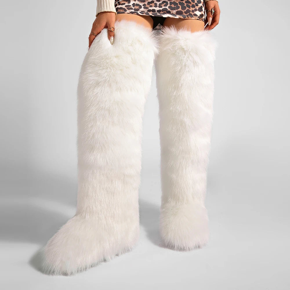 Women's Cozy Faux Fur over the Knee Boots Thigh High Fluffy Y2K Furry Fuzzy Warm Outdoor Comfortable Girls Boot