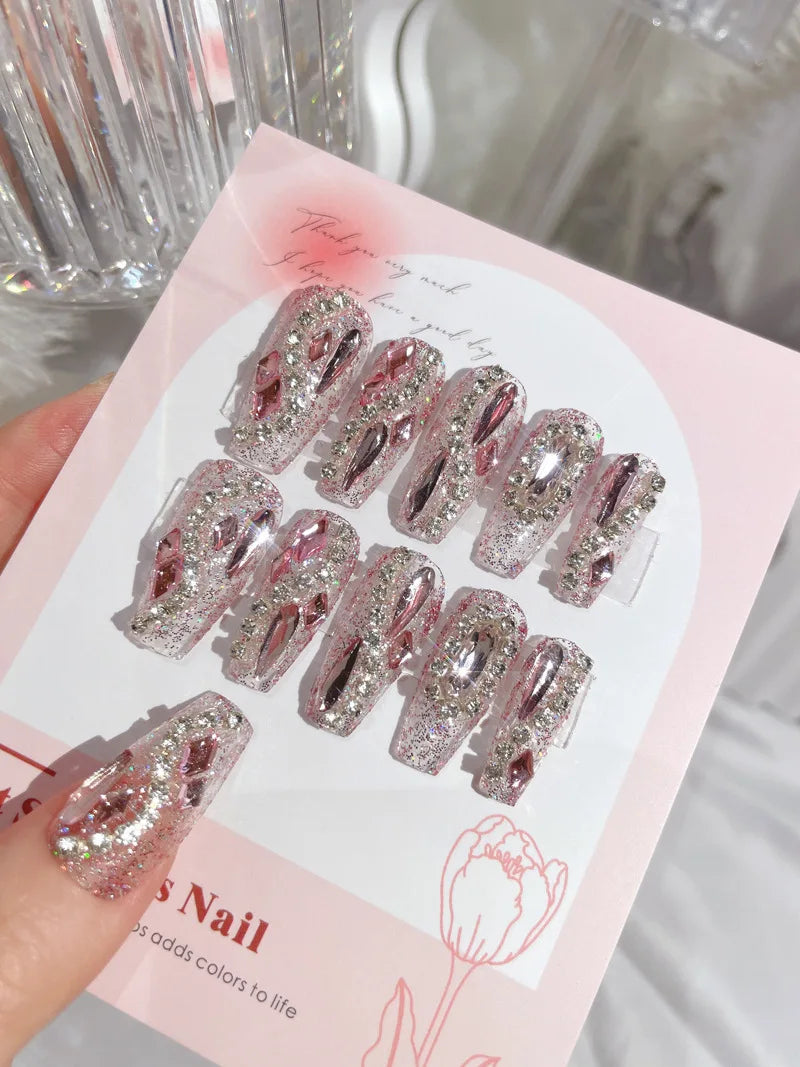 Glitter Fairy Rhinestone False nail Tips for Bride lady Wearable Sweet Crystal Design Press on Nails Mid Length Fake Nail Patch