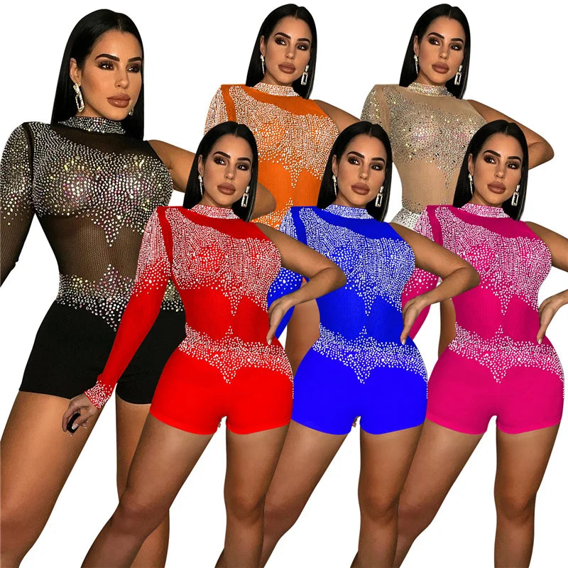 Sparkly Rhinestones Mesh Rompers Womens Jumpsuit Shorts Sexy Birthday Club Outfits One Sleeve Sheer Bodycon Playsuit Woman 2022