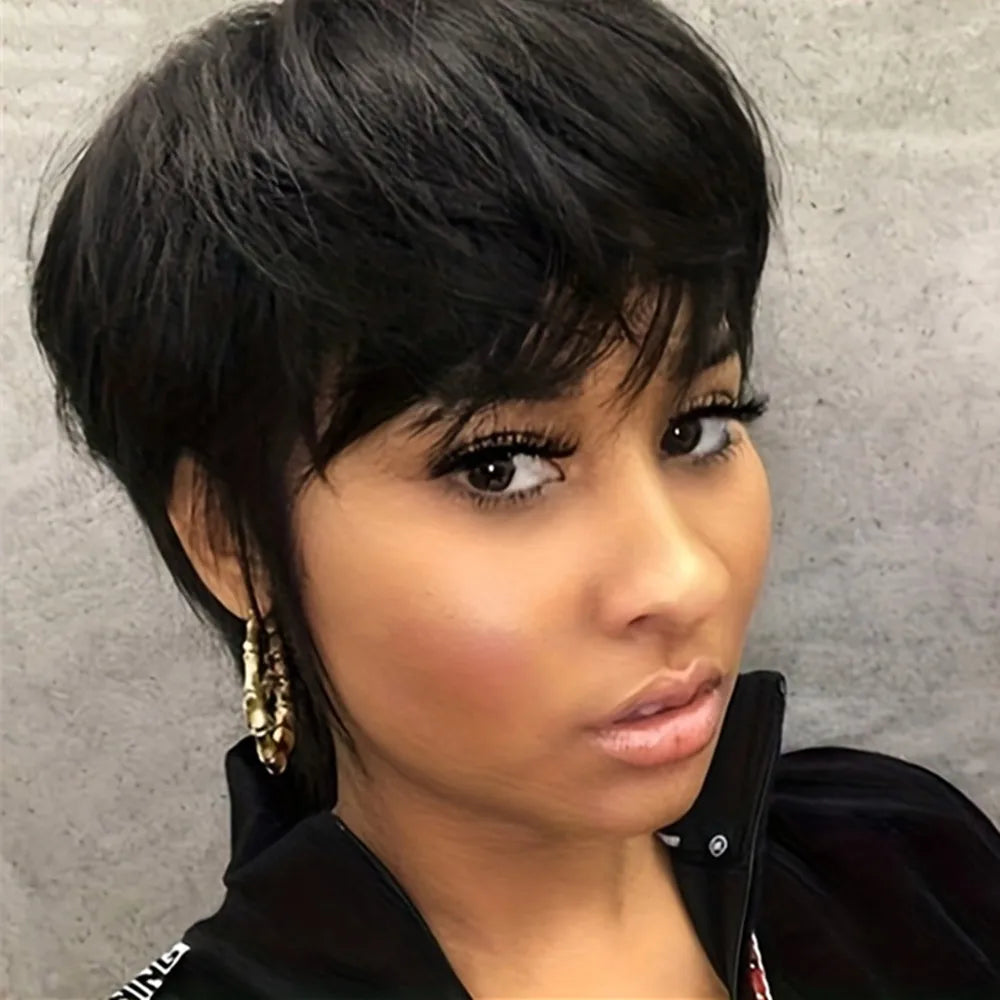short straight human hair wig machine made pixie wig black brown color pixie cut wig for women daily party use wig
