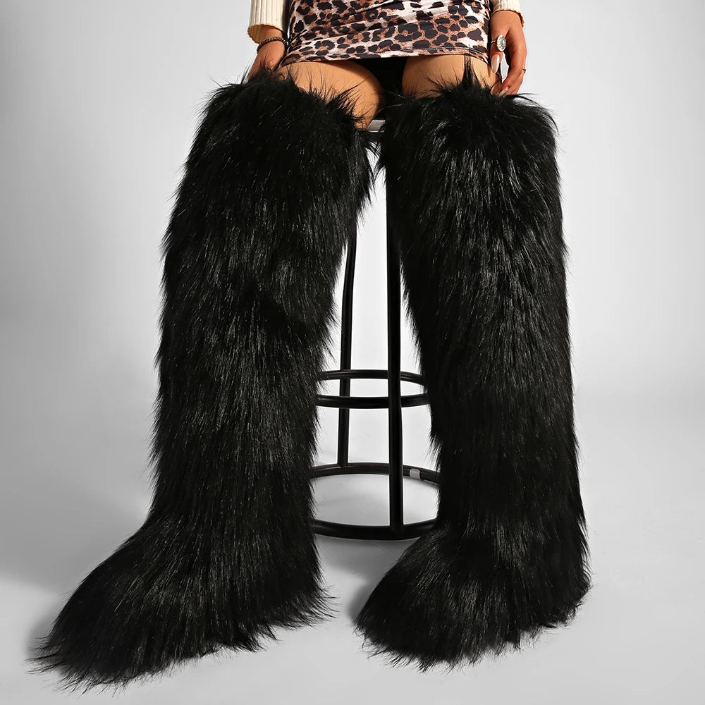 Women's Cozy Faux Fur over the Knee Boots Thigh High Fluffy Y2K Furry Fuzzy Warm Outdoor Comfortable Girls Boot