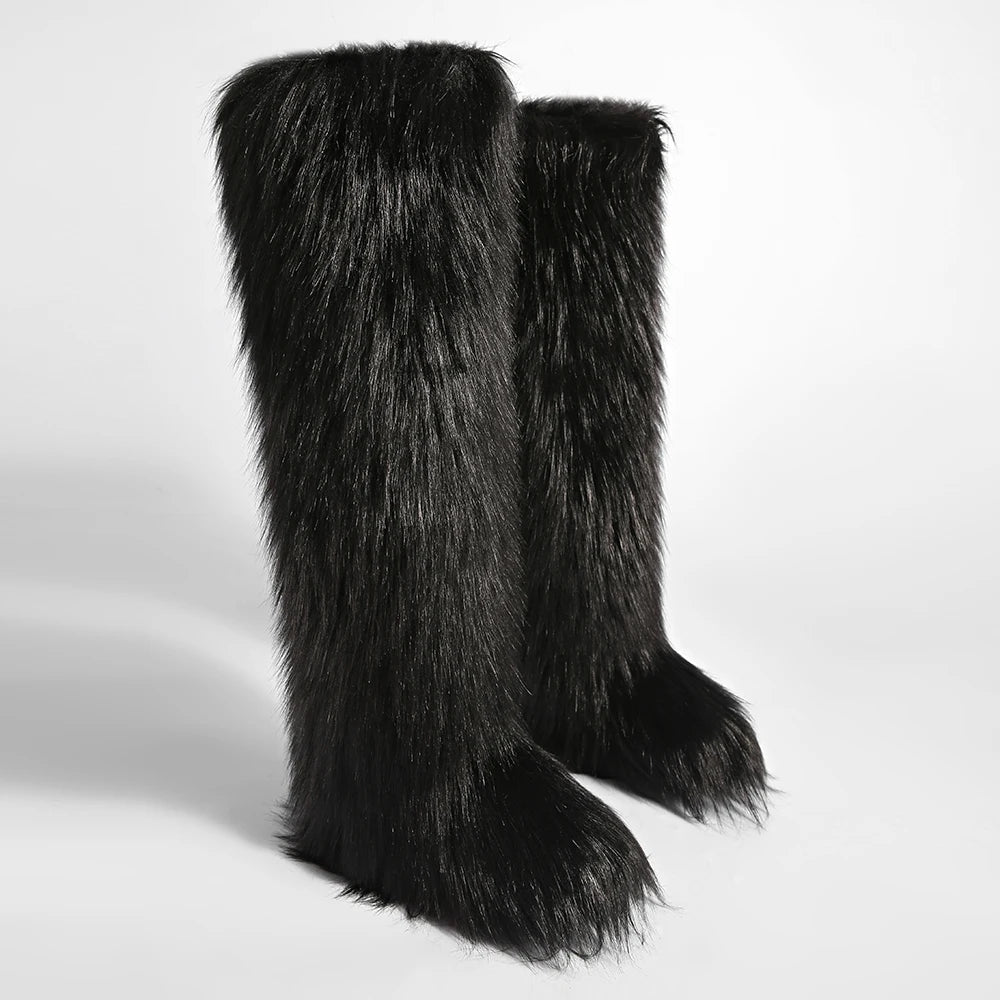 Women's Cozy Faux Fur over the Knee Boots Thigh High Fluffy Y2K Furry Fuzzy Warm Outdoor Comfortable Girls Boot