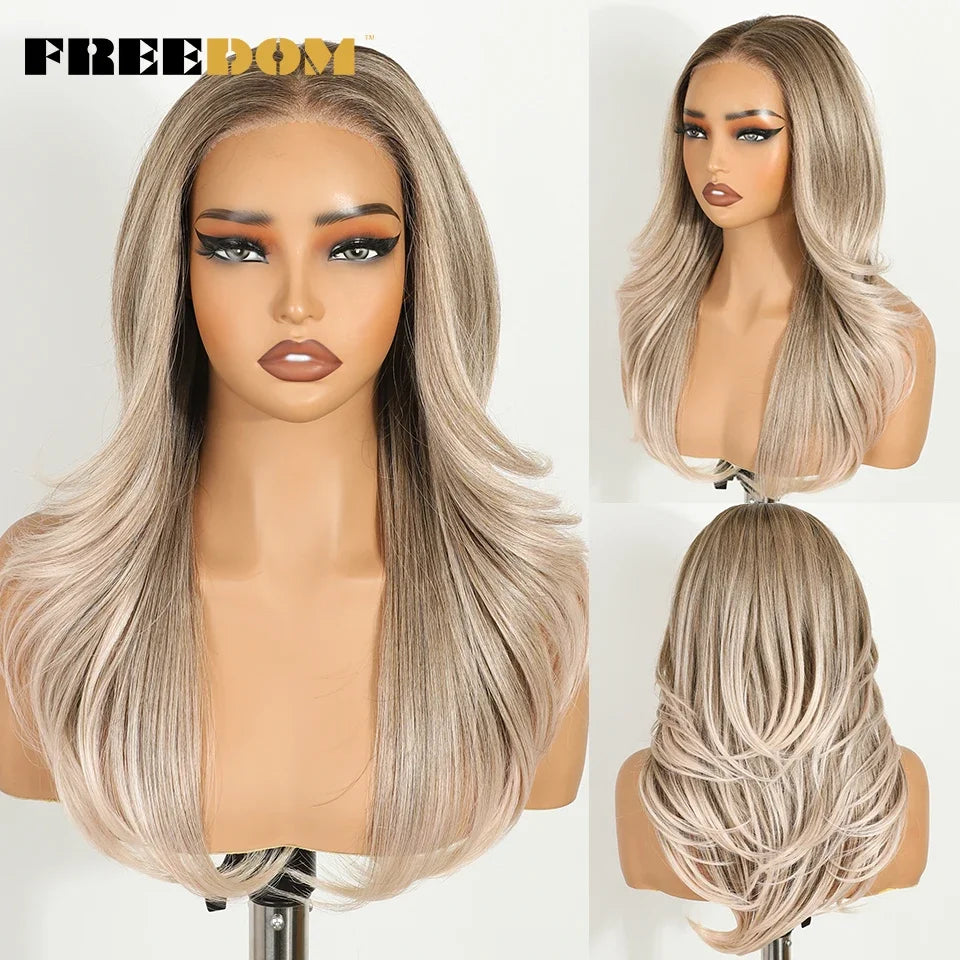 FREEDOM Layered Synthetic Lace Front Wigs For Women 20 Inch Ombre Blonde Wavy  6X4 Pre Plucked Wear And Go Glueless Lace Wigs