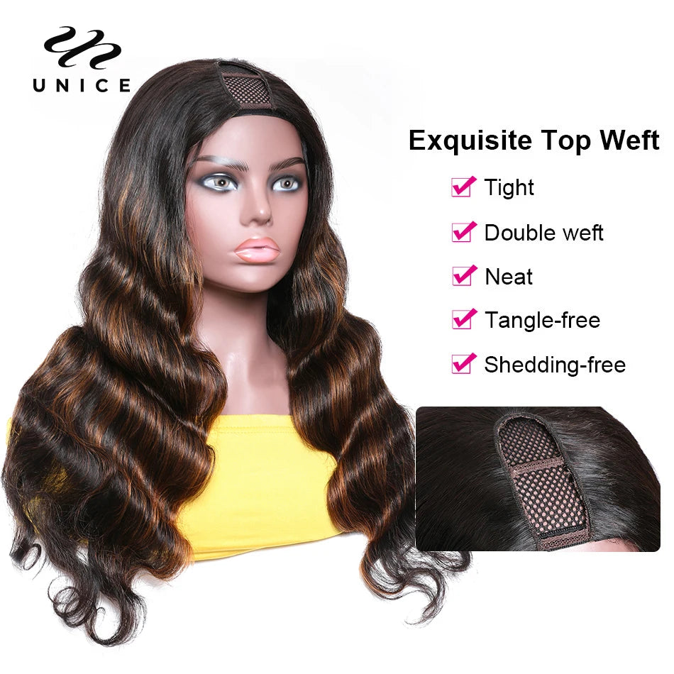 UNice Brown Highlight Body Wave U Part Wig 100% Human Hair Glueless Install No Lace No Glue Minimal Leave Out