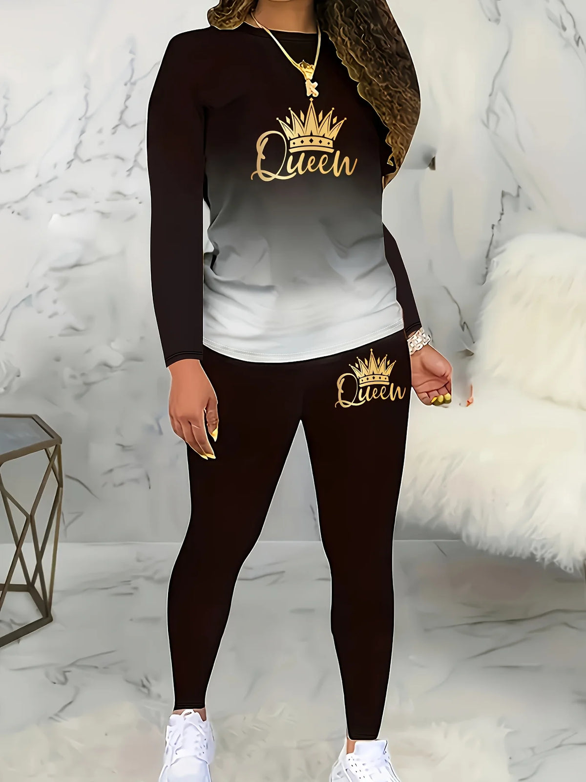 [Two-Piece Set] Gradient Color Crown Print Casual Autumn Winter Long Sleeve Round Neck Women's Pants Two-Piece Set