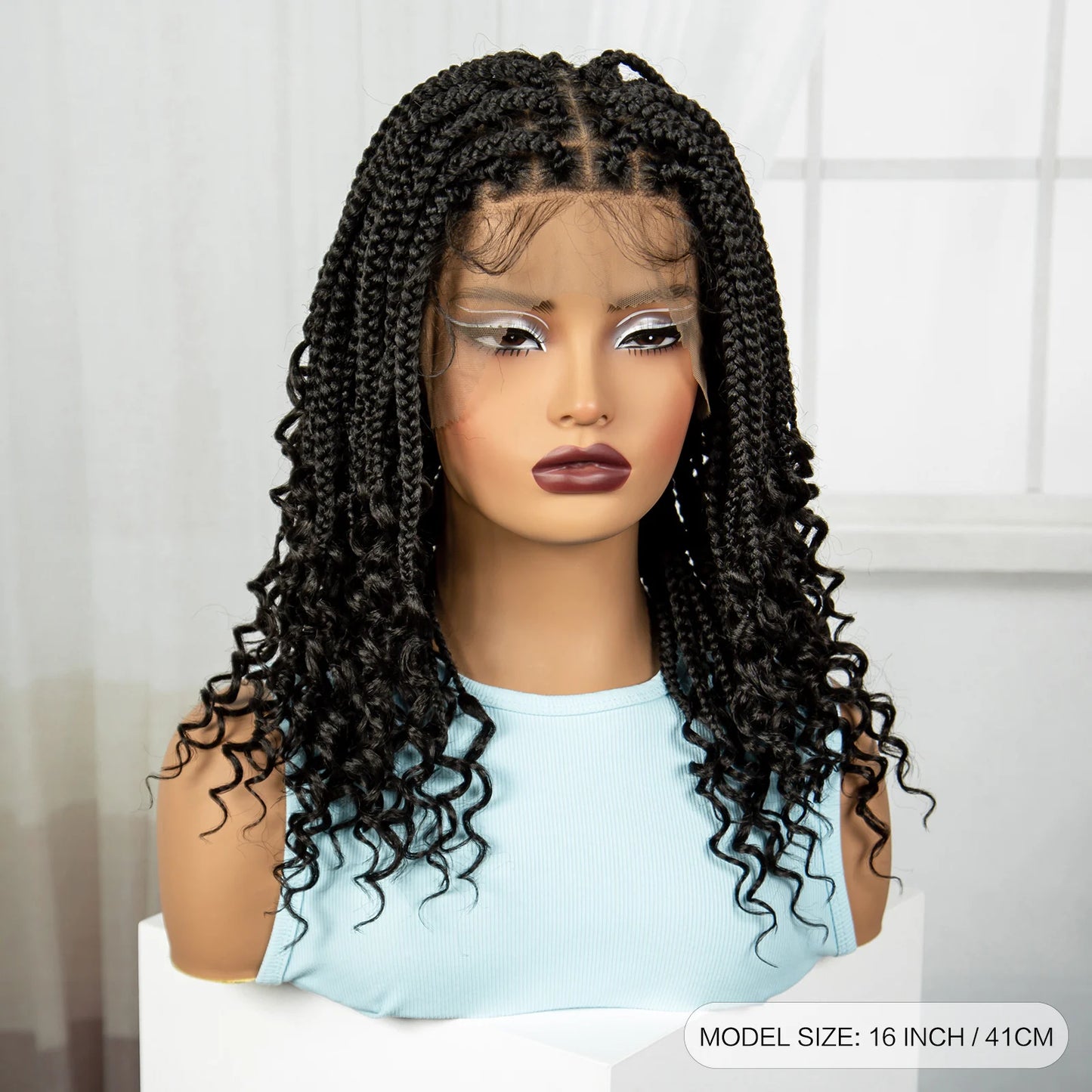 Knotless Box Boho Braided Wigs with Curly Ends Synthetic Full Lace Braided Lace Wigs Short Braided Bob Wig for Black Women