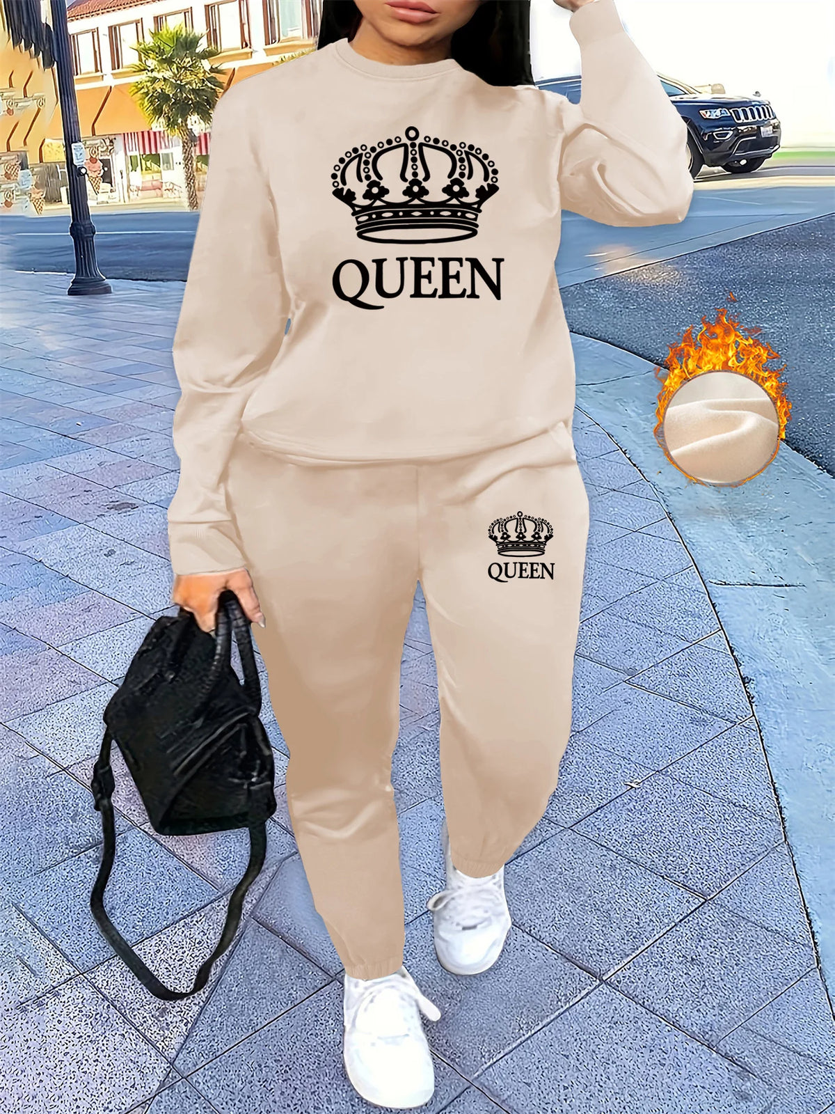 Women's Autumn/Winter Hip Hop Casual Street Classic QUEEN Pattern Printed Round Neck Sweatshirt+Sweatpants Warm Set