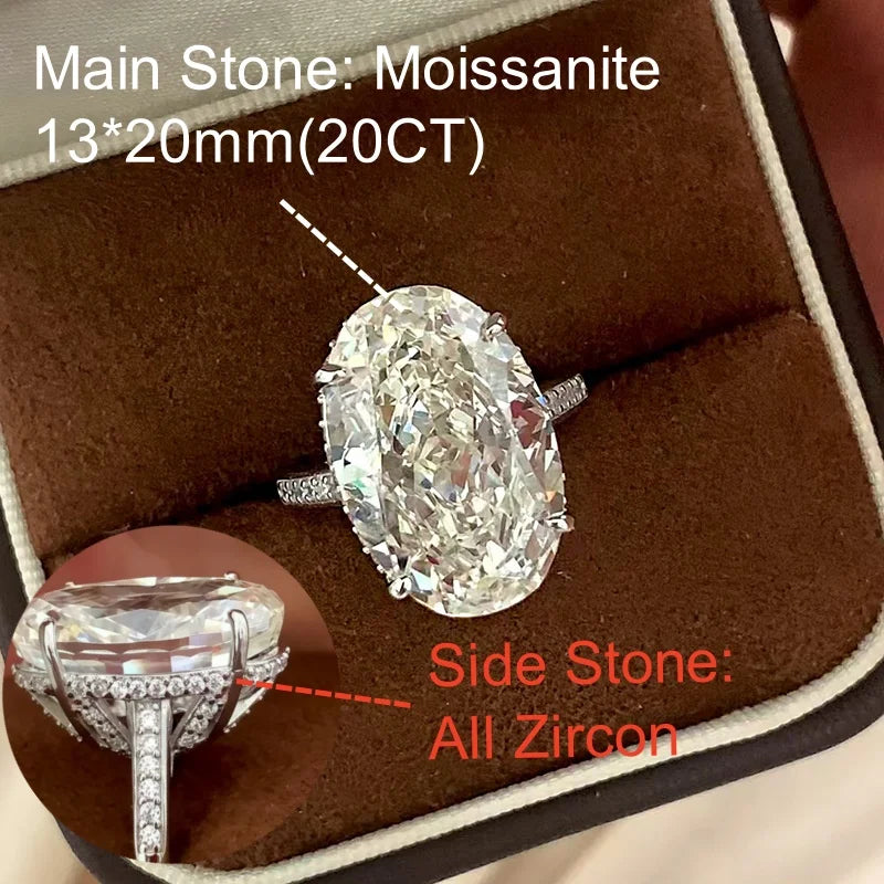 Onnelik S925 Sterling Silver 20CT Large Carat Moissanite Egg Shape Ring Minimalist Band Luxury Jewelry for Women Elegant Gifts