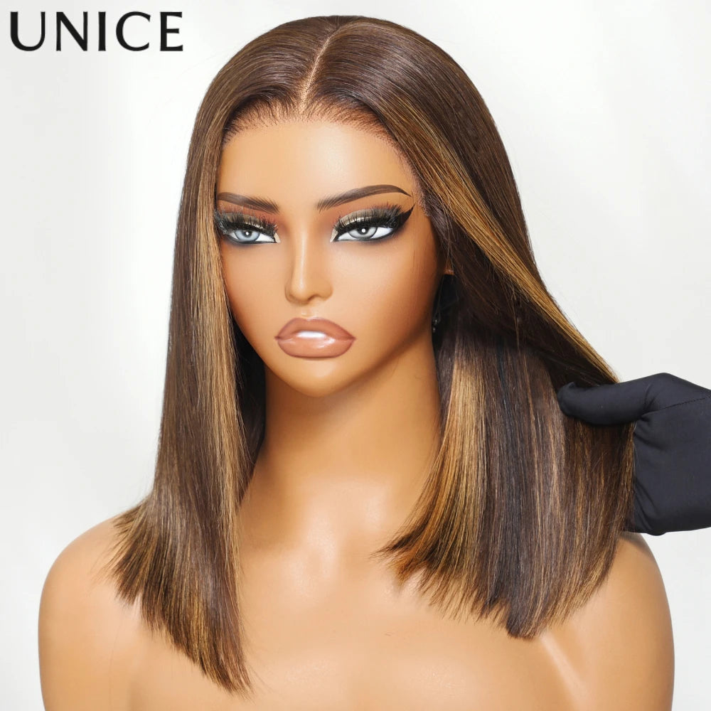 UNice Espresso Brown With Highlights Straight Bob Wig No-Slip 7x5 Lace Glueless Wig Human Hair Ready To Wear