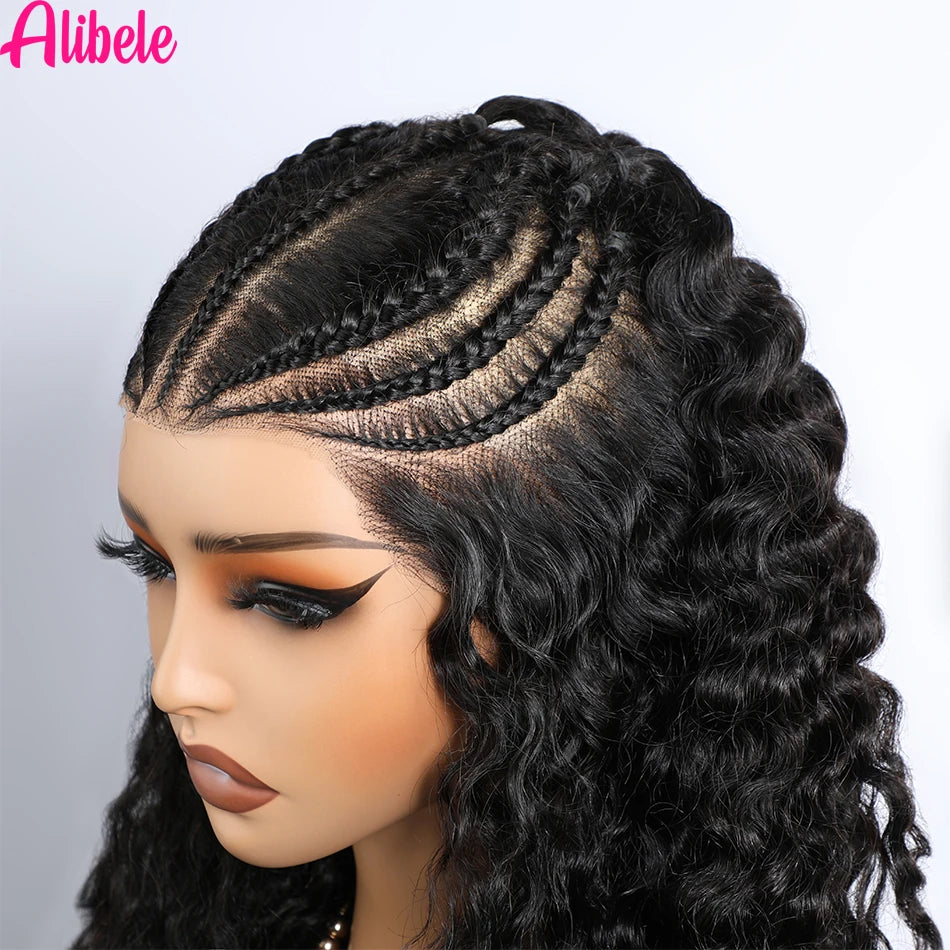 Alibele Pre-Braided Wig 13x6 Full Lace Frontal Human Hair Wigs Water Wave 13x6 200% Density Water Wave Wig Natural Black Color
