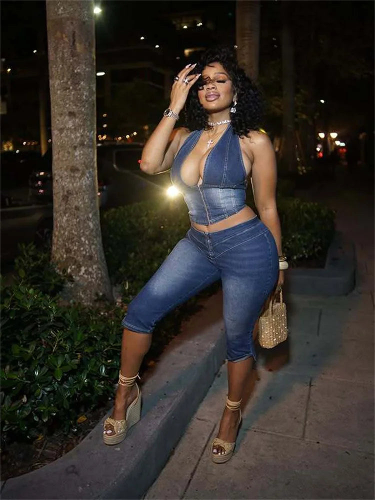 Cutenew Women Denim 2 Piece Set  Summer Halter Wrap Chest Backless Zip Halter Tops+Shorts Matching Hipster Vintage Streetwear