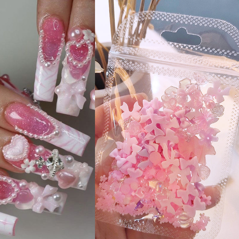 100/200pcs 3D Mixed Nail Decorations Kawaii Heart Flower Bear Pearl Design Rhinestone Nail Art Charms Jewelry Manicure Accessory