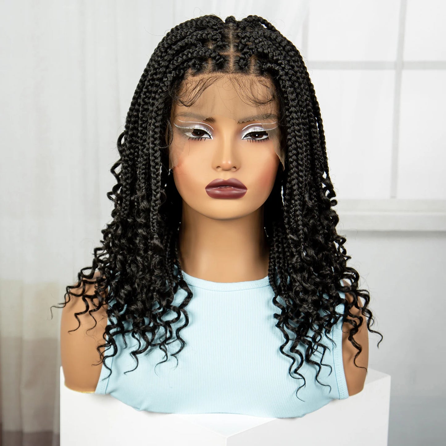 Knotless Box Boho Braided Wigs with Curly Ends Synthetic Full Lace Braided Lace Wigs Short Braided Bob Wig for Black Women